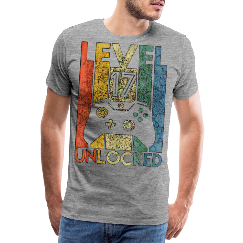 Gamer T-Shirt Top Level 17 Unlocked Fashion Herren Streetwear 100% Baumwolle - Grau meliert
