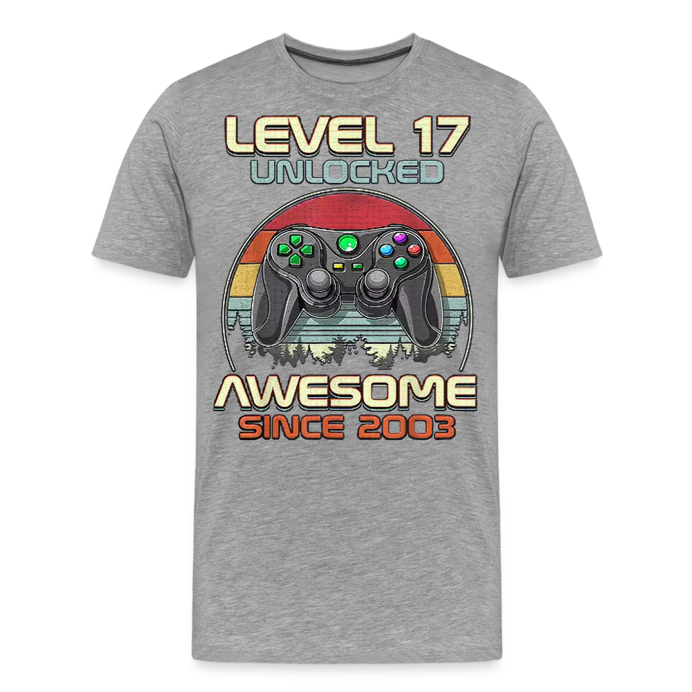Gamer T-Shirt Top Level 17 Unlocked Fashion Herren Streetwear 100% Baumwolle - Grau meliert