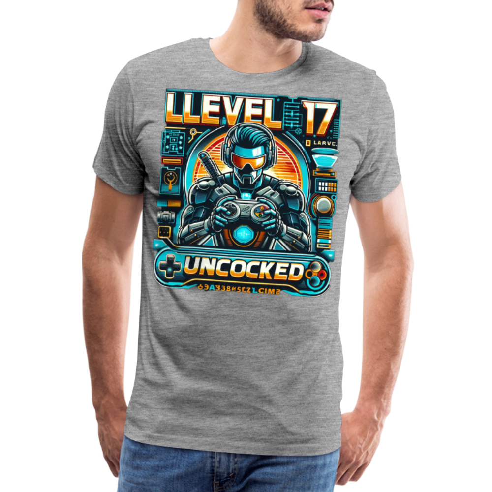 Gamer T-Shirt Top Level 17 Unlocked Fashion Herren Streetwear 100% Baumwolle - Grau meliert