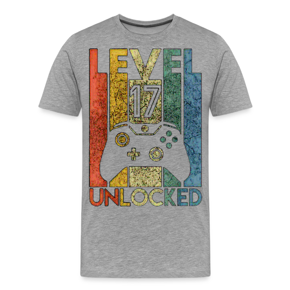 Gamer T-Shirt Top Level 17 Unlocked Fashion Herren Streetwear 100% Baumwolle - Grau meliert