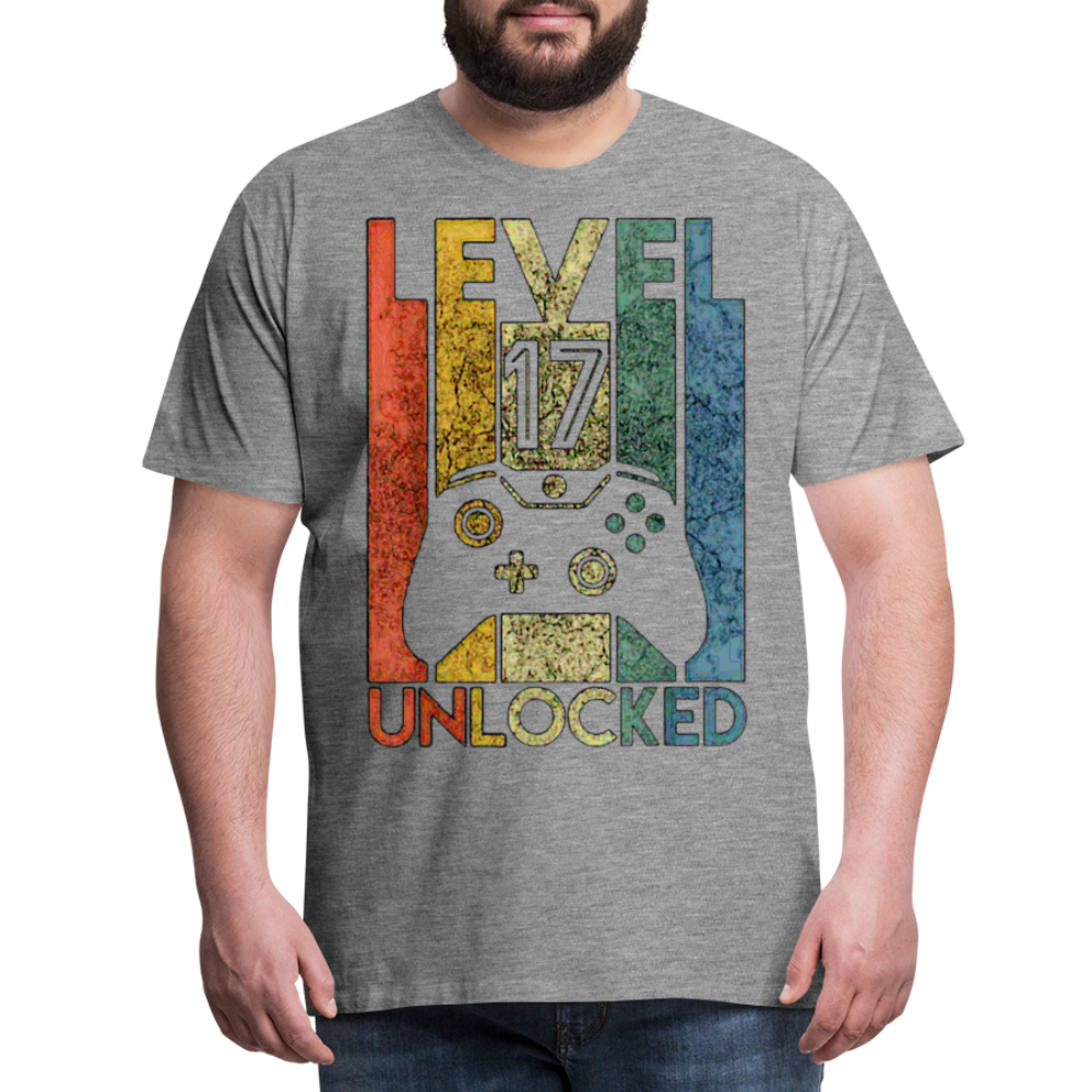 Gamer T-Shirt Top Level 17 Unlocked Fashion Herren Streetwear 100% Baumwolle - Grau meliert