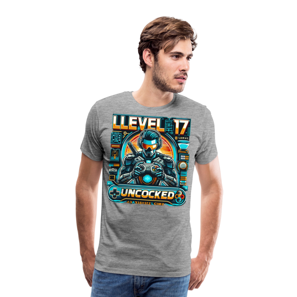 Gamer T-Shirt Top Level 17 Unlocked Fashion Herren Streetwear 100% Baumwolle - Grau meliert