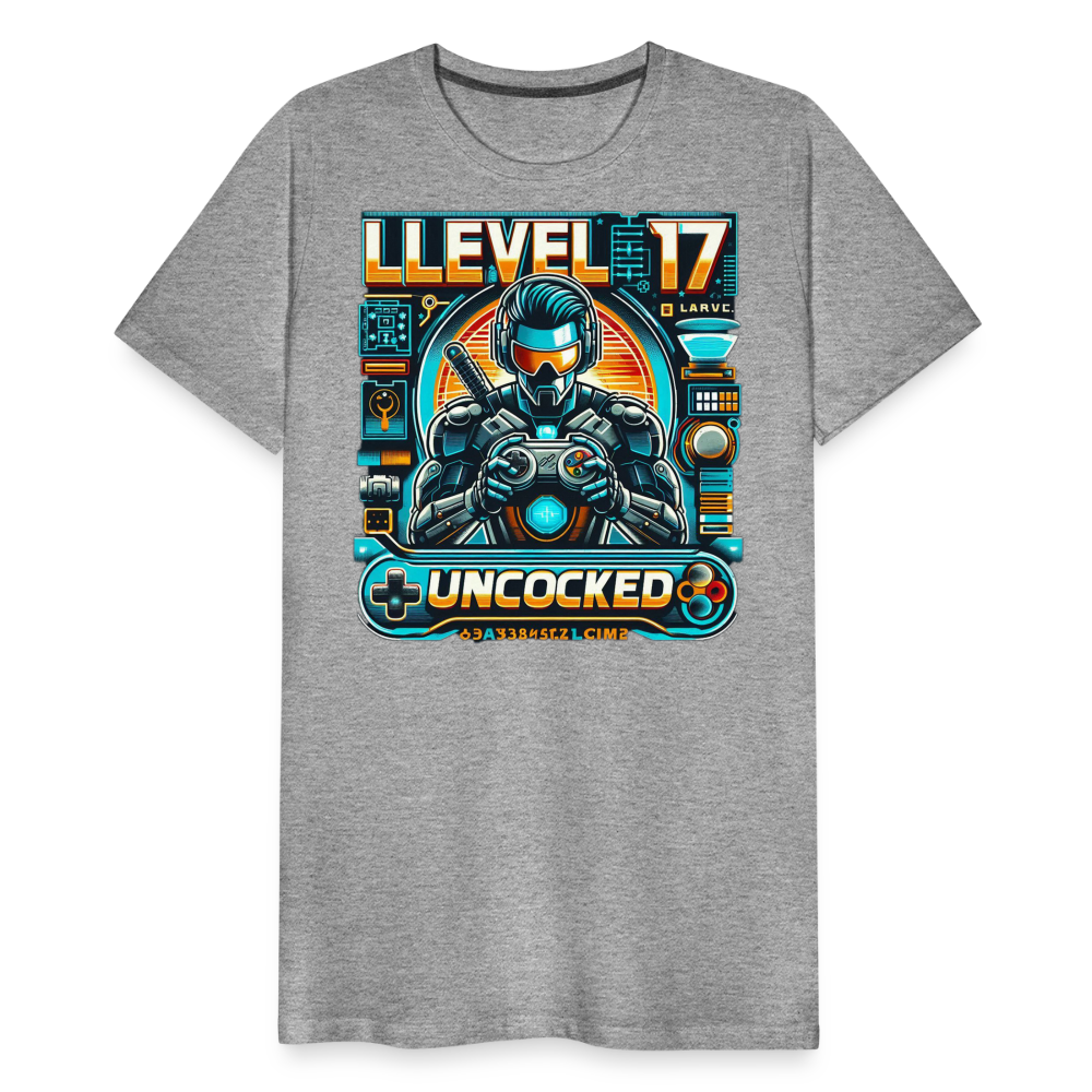 Gamer T-Shirt Top Level 17 Unlocked Fashion Herren Streetwear 100% Baumwolle - Grau meliert