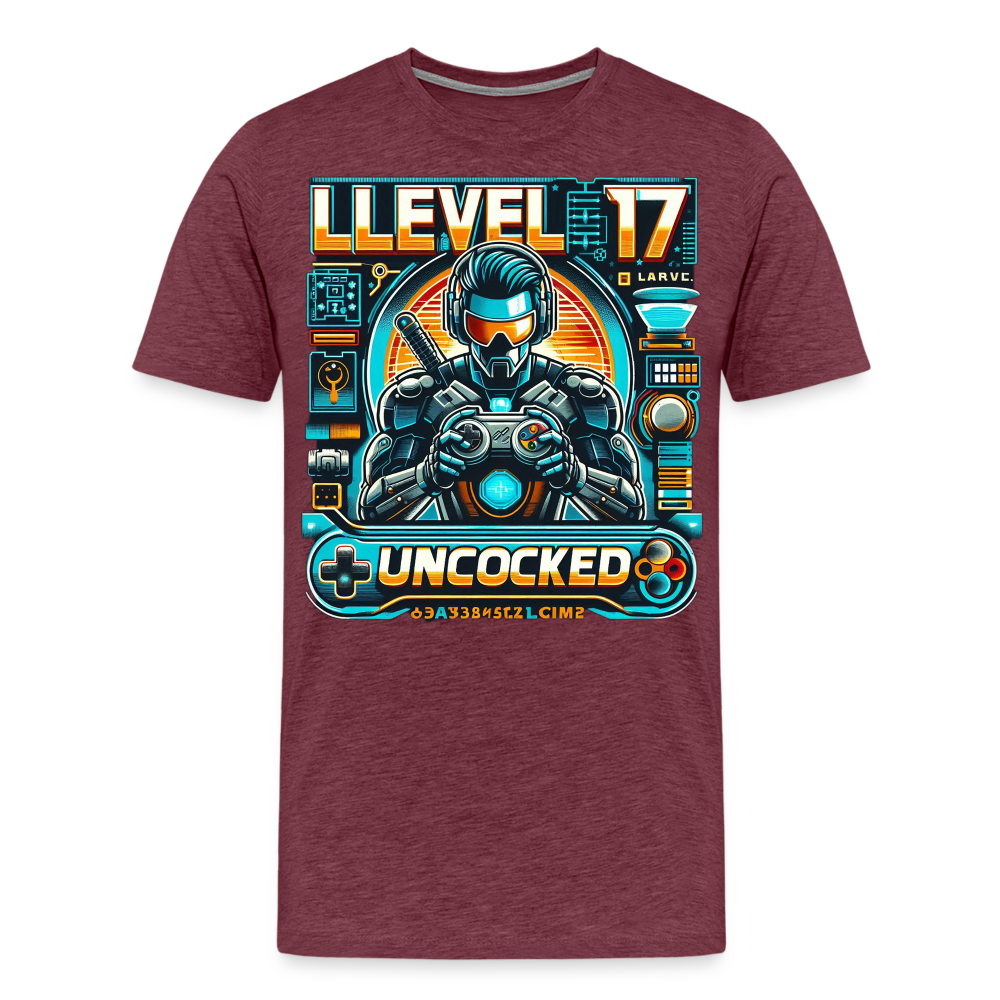 Gamer T-Shirt Top Level 17 Unlocked Fashion Herren Streetwear 100% Baumwolle - Bordeauxrot meliert