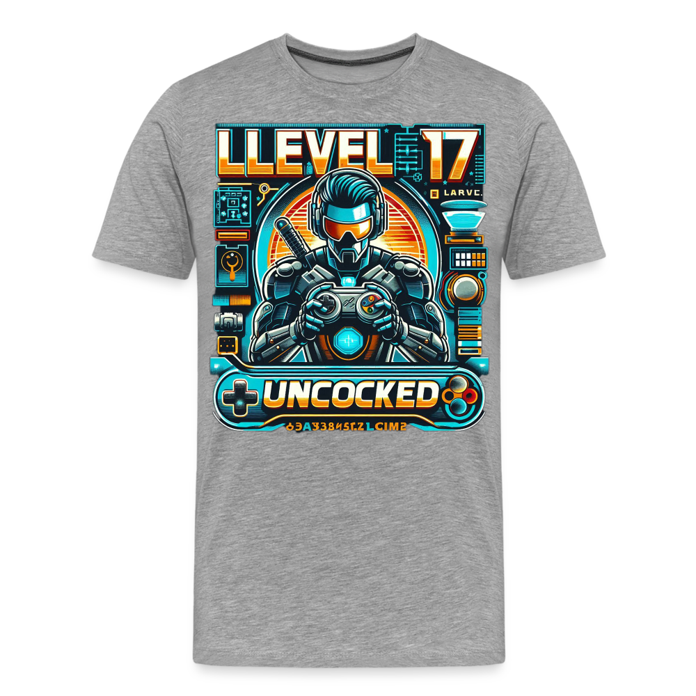 Gamer T-Shirt Top Level 17 Unlocked Fashion Herren Streetwear 100% Baumwolle - Grau meliert