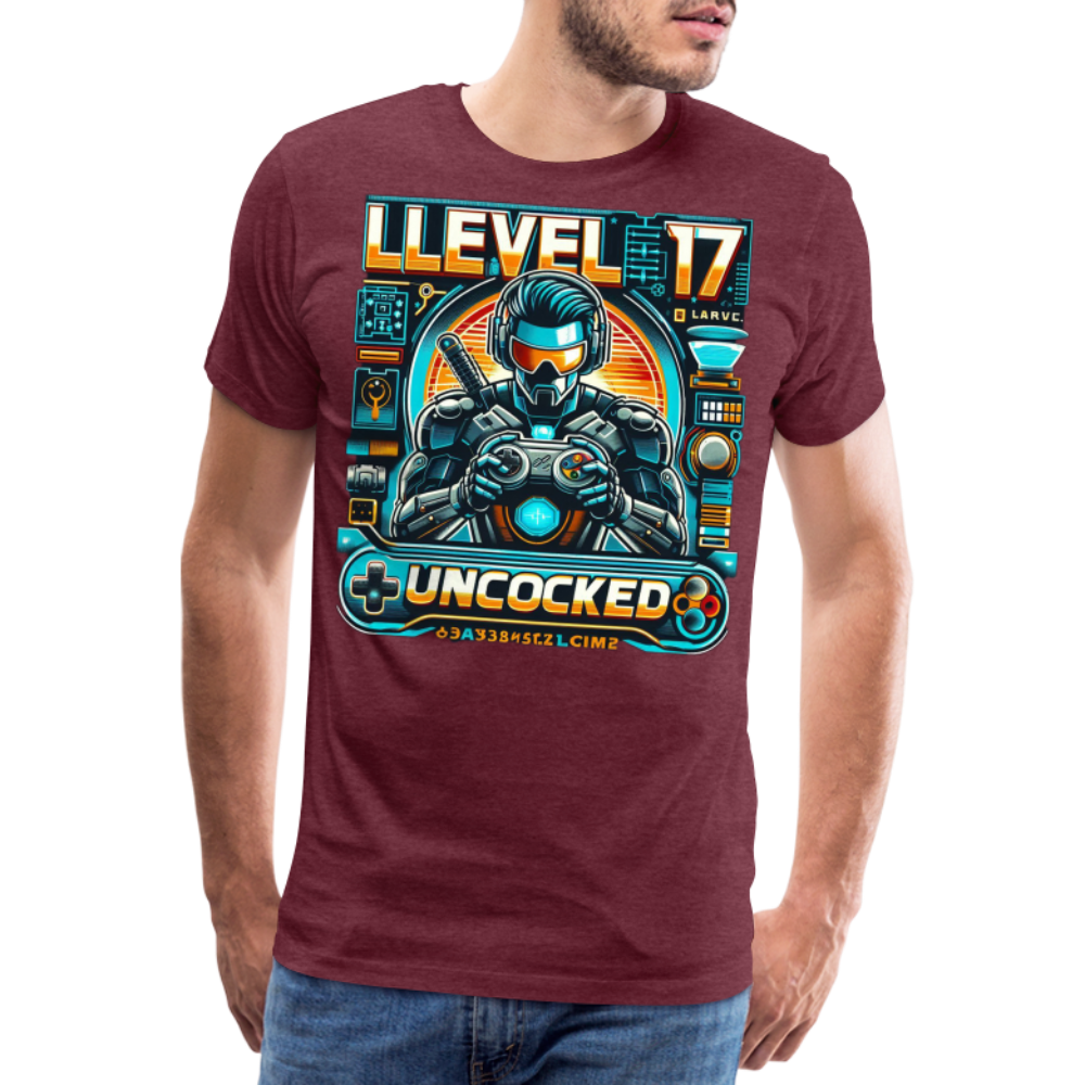 Gamer T-Shirt Top Level 17 Unlocked Fashion Herren Streetwear 100% Baumwolle - Bordeauxrot meliert