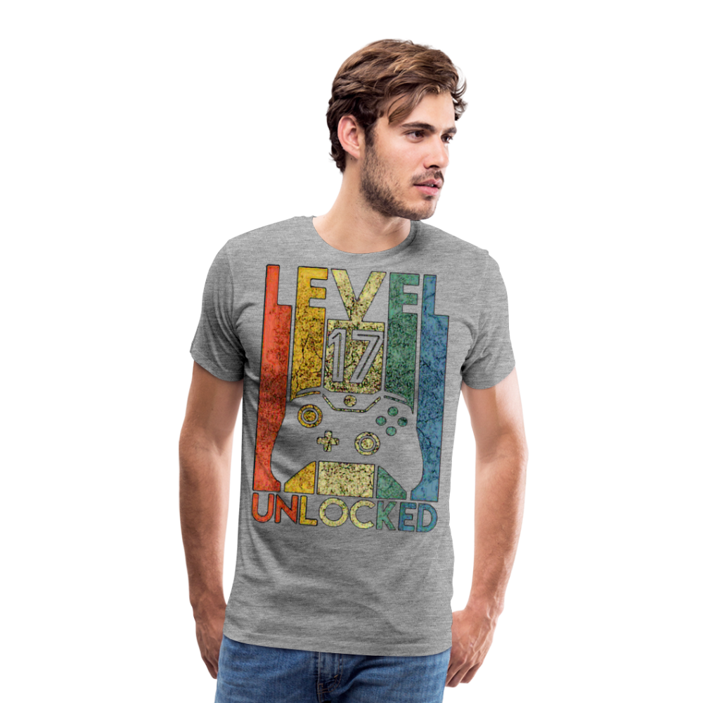 Gamer T-Shirt Top Level 17 Unlocked Fashion Herren Streetwear 100% Baumwolle - Grau meliert