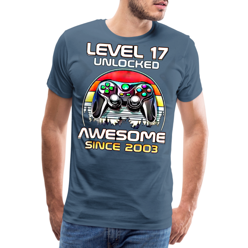 Gamer T-Shirt Top Level 17 Unlocked Fashion Herren Streetwear 100% Baumwolle - Blaugrau