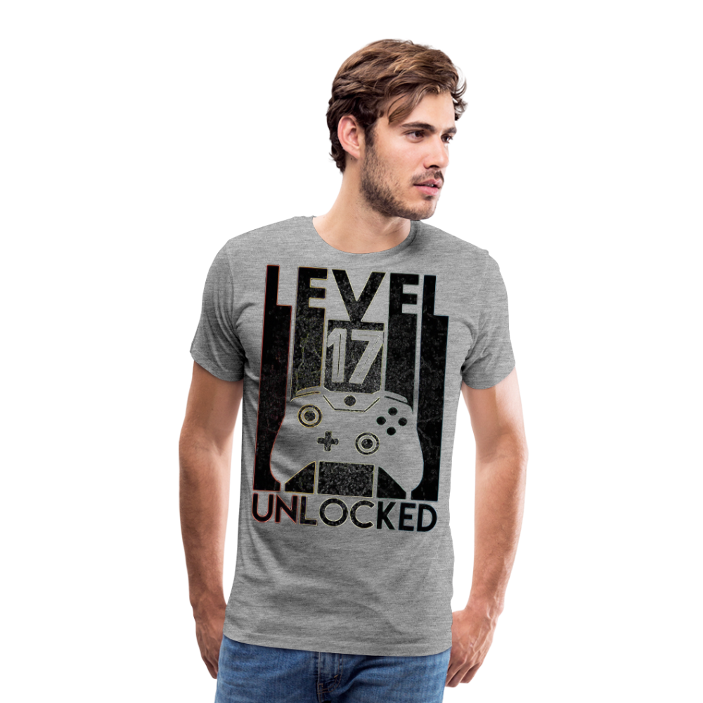 Gamer T-Shirt Top Level 17 Unlocked Fashion Herren Streetwear 100% Baumwolle - Grau meliert