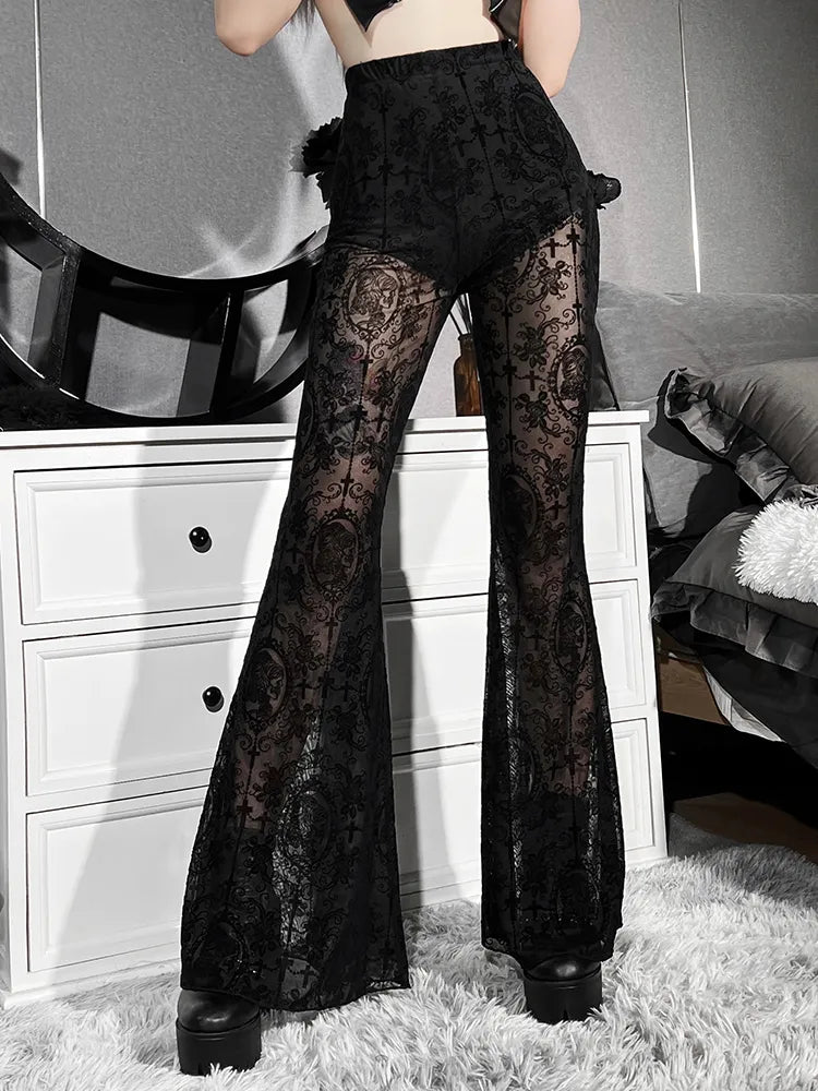 Damen Punk Gothic Hose Bootcut Hüftjeans Schlaghose Hip Retro Flared Leggins