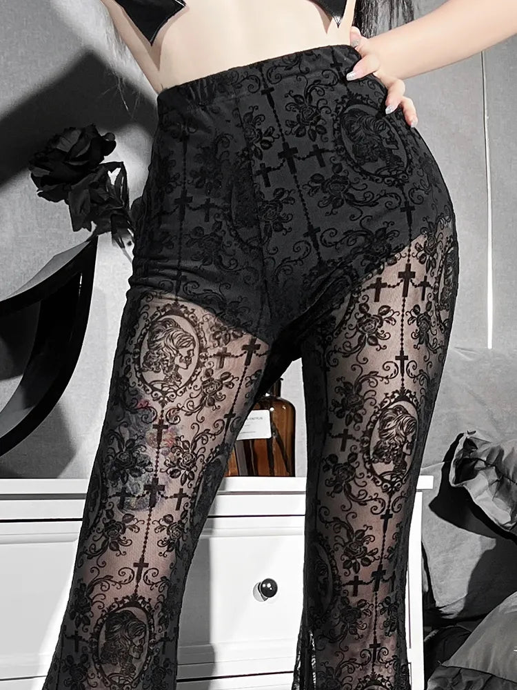 Damen Punk Gothic Hose Bootcut Hüftjeans Schlaghose Hip Retro Flared Leggins