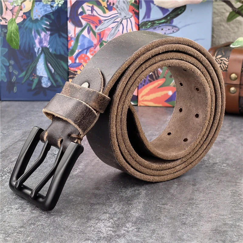 Jeans-Gürtel Herren Eckig Schnalle Echt Leder Gürtel Braun Breite Schnalle