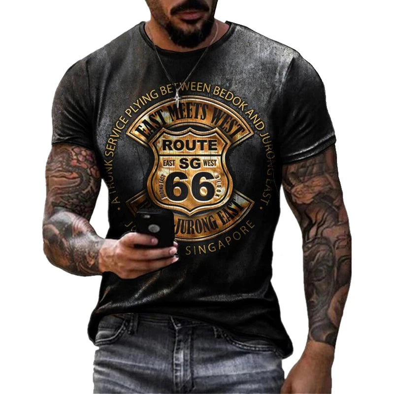 Herren T-Shirt Route 66 3D Kurzarm Shirt Rundhals Unisex Sommer Streetwear Top