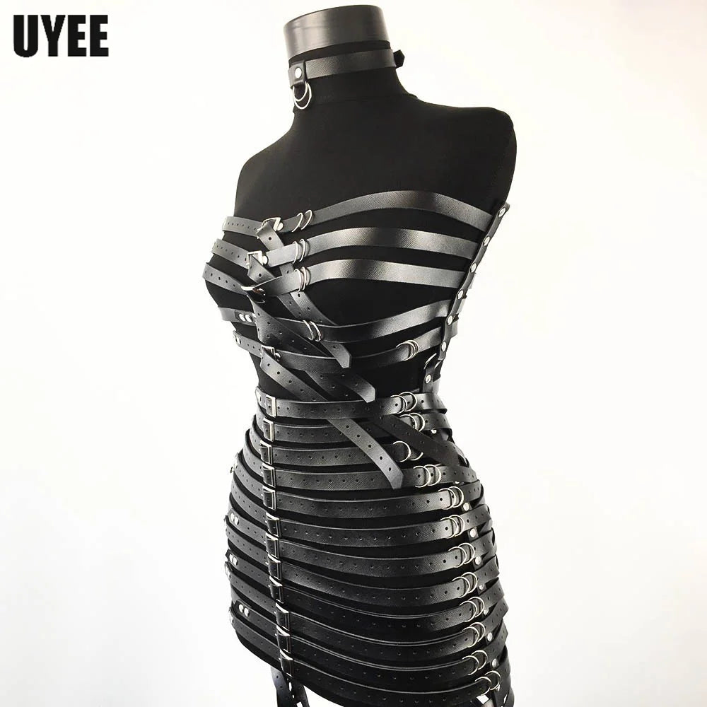 Sexy Harness Ketten BH Gürtel Frauen Lack und Leder Kleid Bdsm Bondage Dessous