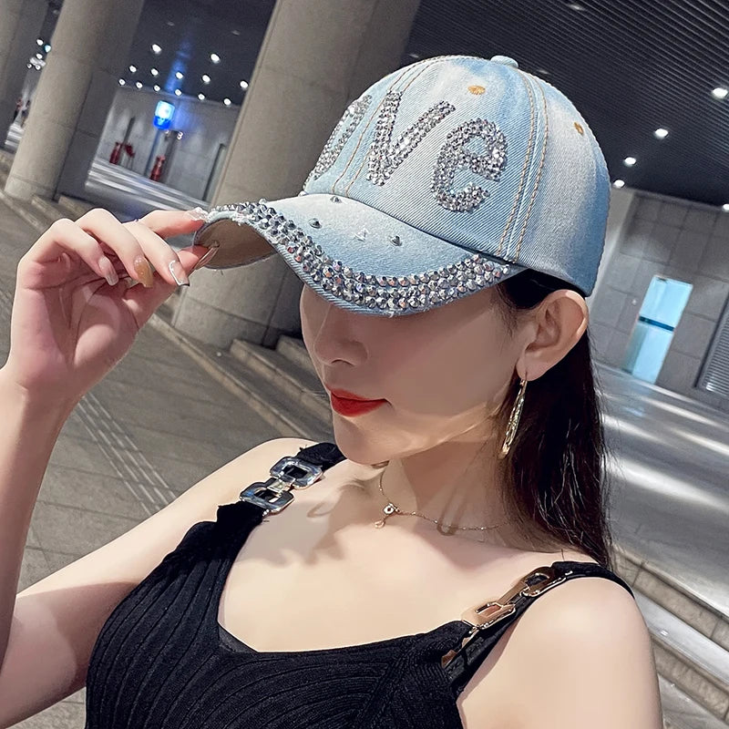 Jeans Cappy Denim Look Basecap Cap Kappe LOVE Strass gebogen Damen Baseball Cap