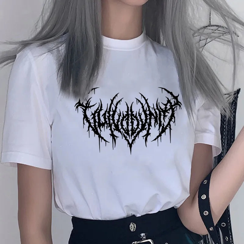 Damen Sommer Top Gothic Punk T-Shirt Rundhals Streetwear lockeres Damentop