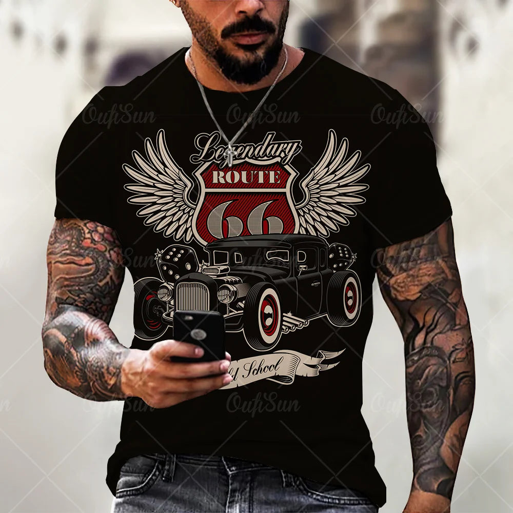 Herren T-Shirt Route 66 3D Kurzarm Shirt Rundhals Unisex Sommer Streetwear Top