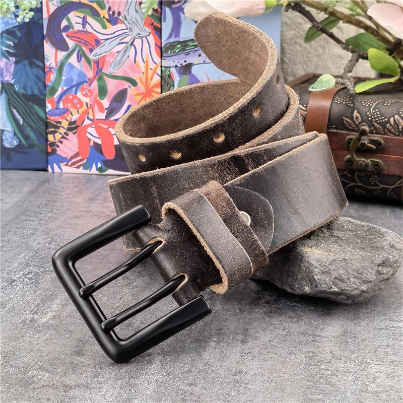 Jeans-Gürtel Herren Eckig Schnalle Echt Leder Gürtel Braun Breite Schnalle