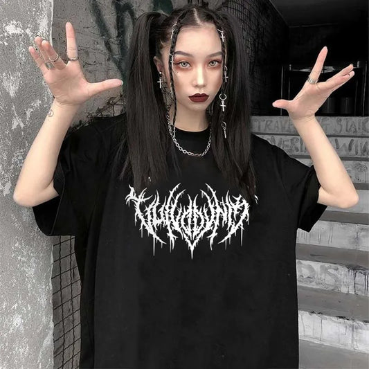 Damen Sommer Top Gothic Punk T-Shirt Rundhals Streetwear lockeres Damentop