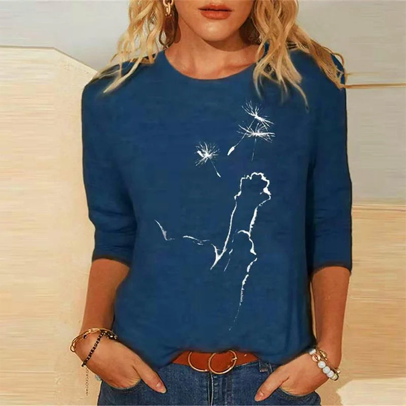 Damen Sommer Top 3D Katzen Langarm T-Shirt Rundhals Streetwear lockeres Damentop