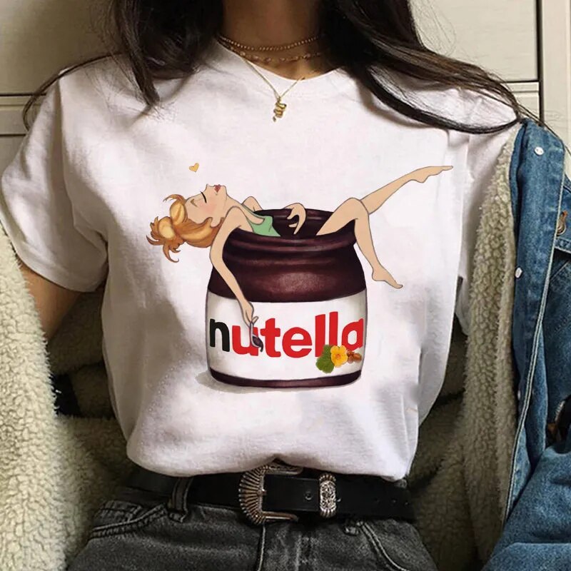 Damen Sommer Top 3D Nutella T-Shirt Rundhals Streetwear lockeres Damentop