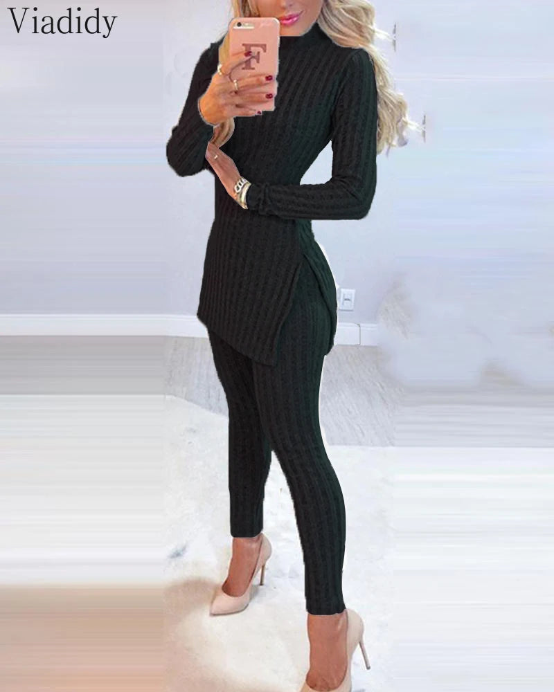 2-teiliges Damen Outfit Winter Warm geripptes Strick Oberteil Pulli Hose Leggins