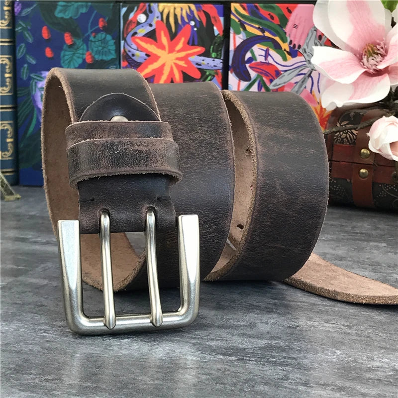 Jeans-Gürtel Herren Eckig Schnalle Echt Leder Gürtel Braun Breite Schnalle