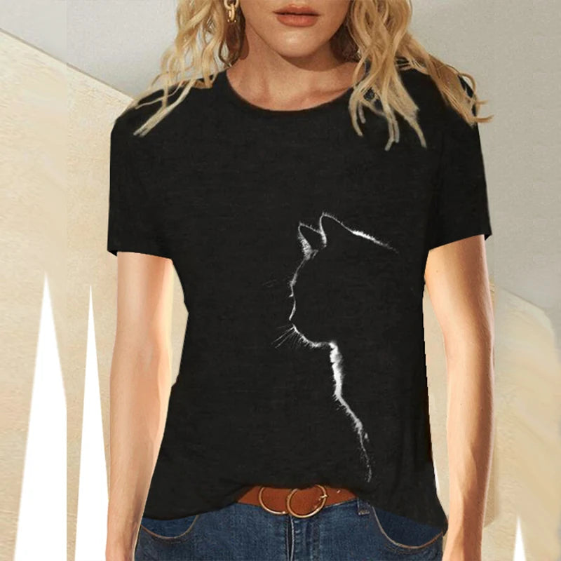 Damen Sommer Top 3D Katzen Langarm T-Shirt Rundhals Streetwear lockeres Damentop