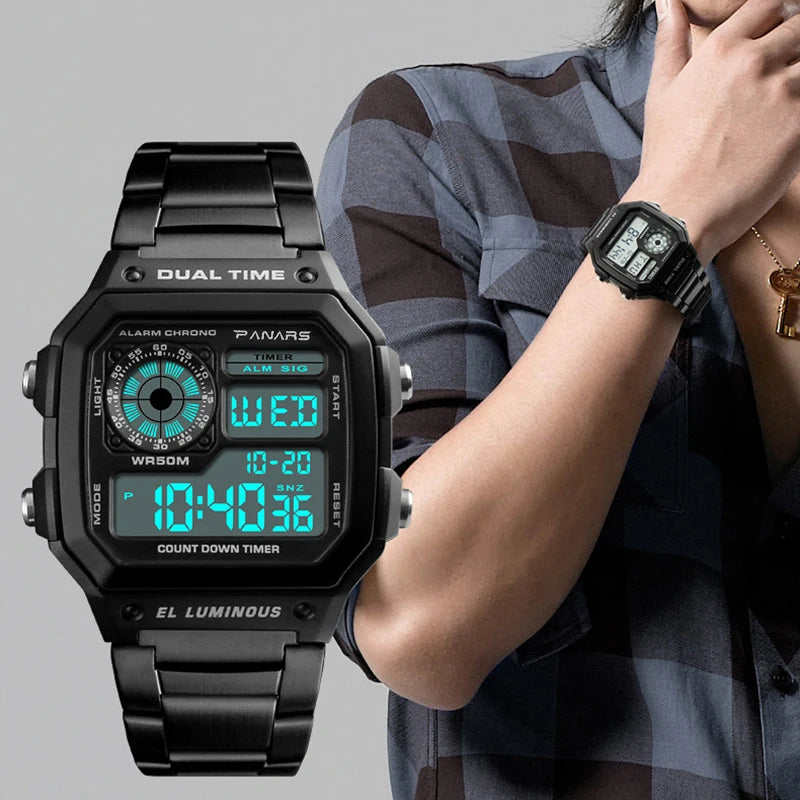 Herren Armbanduhr Digital Uhr Silber Edelstahl Quarzuhr Luxus Chronograph