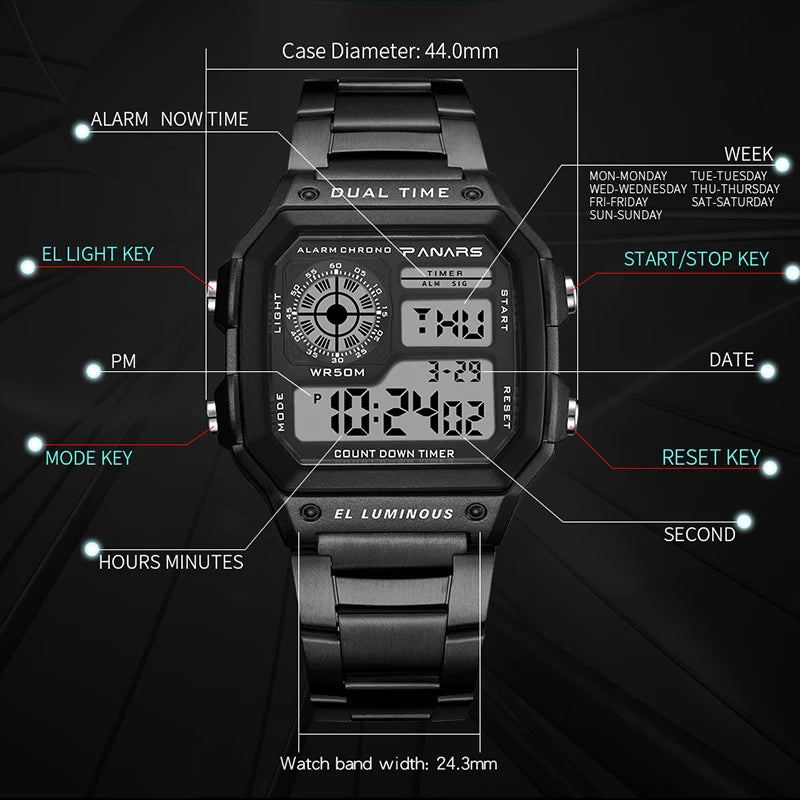 Herren Armbanduhr Digital Uhr Silber Edelstahl Quarzuhr Luxus Chronograph