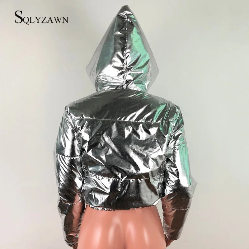 Damen Glänzende Daunenjacke Mit Kapuze Silber Steppjacke Streetwear Stepp Jacke