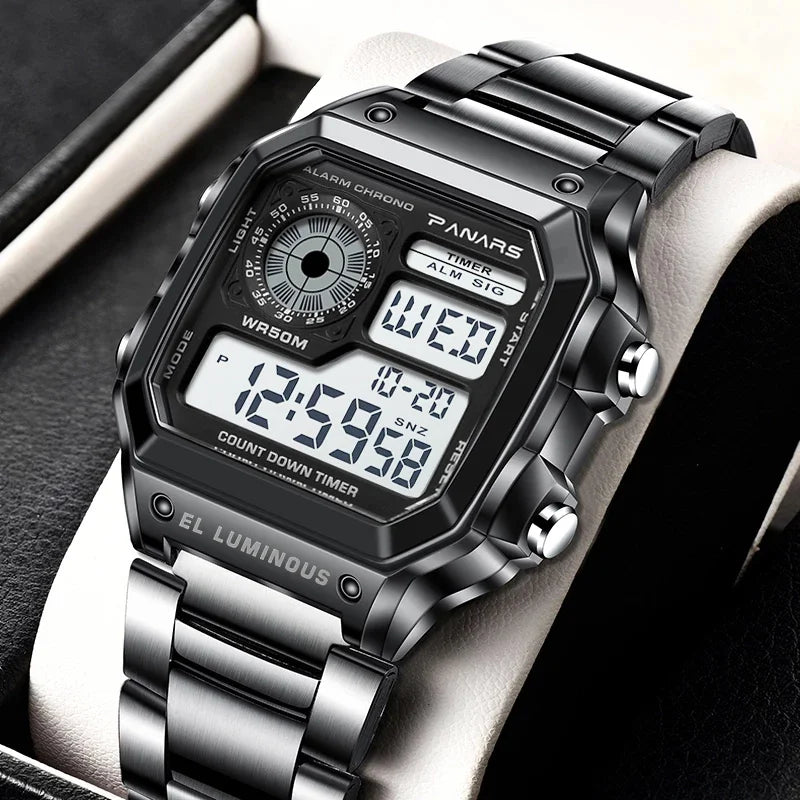 Herren Armbanduhr Digital Uhr Silber Edelstahl LED Quarzuhr Luxus Chronograph
