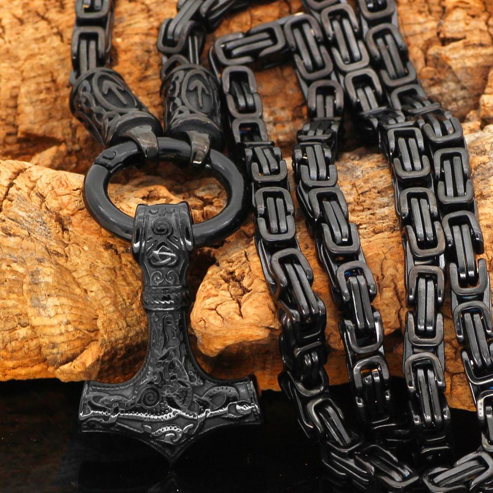 Thors Hammer Mjölnir Edelstahl Halskette Königskette schwarz schwarz Wikingerschmuck