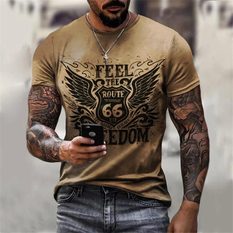 Herren T-Shirt Route 66 3D Kurzarm Shirt Rundhals Unisex Sommer Streetwear Top