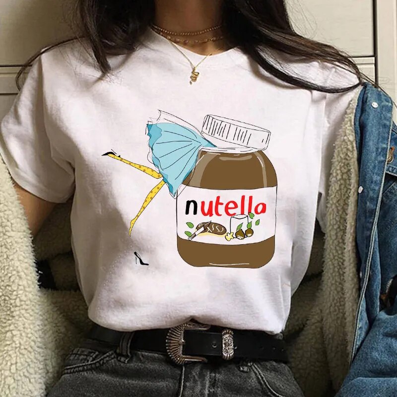 Damen Sommer Top 3D Nutella T-Shirt Rundhals Streetwear lockeres Damentop