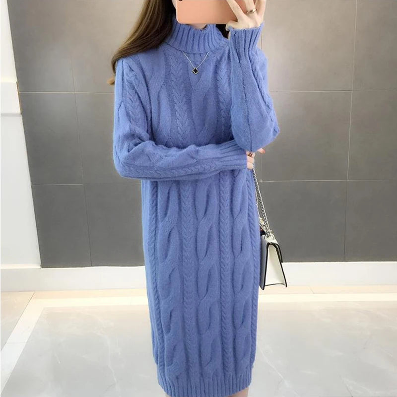 Damen Wollkleid Rollkragen Maxi Kleid Pulloverkleid Winterkleid Strickkleid
