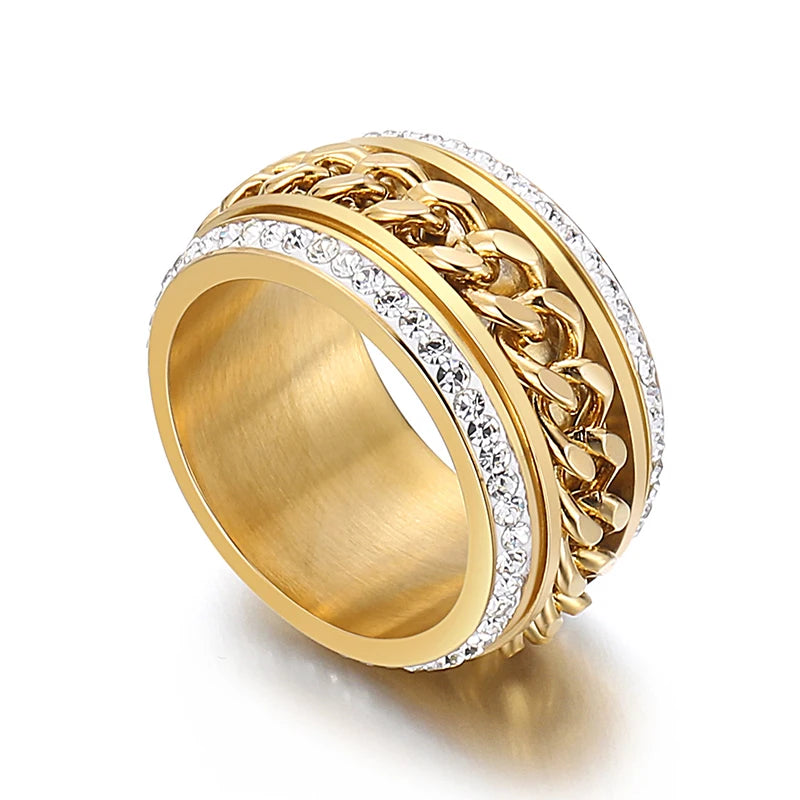 Edelstahl Herren und Damen Ring  Gold Zirkonia Biker Spinning Ketten Style