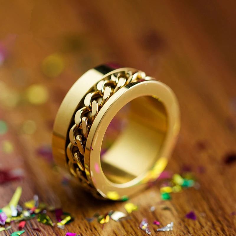 Edelstahl Herren und Damen Ring  Gold Zirkonia Biker Spinning Ketten Style