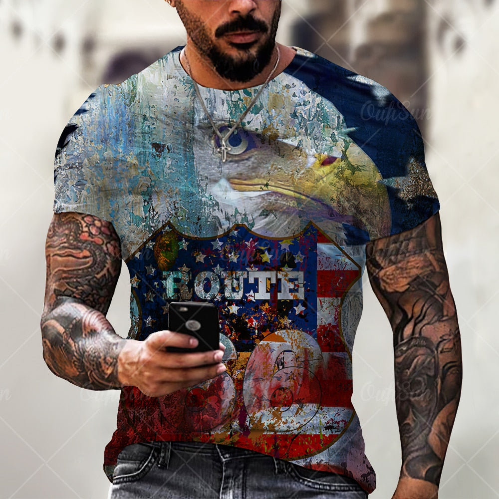 Herren Route 66 3D T-Shirt Rundhals Unisex Sommer Streetwear Men