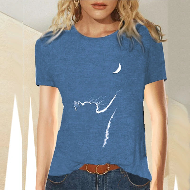 Damen Sommer Top 3D Katzen Langarm T-Shirt Rundhals Streetwear lockeres Damentop