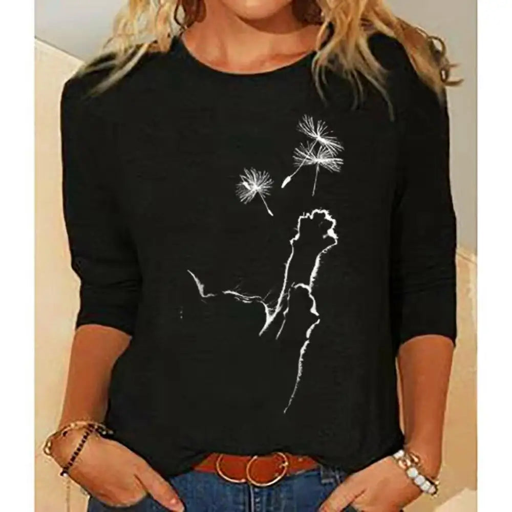 Damen Sommer Top 3D Katzen Langarm T-Shirt Rundhals Streetwear lockeres Damentop