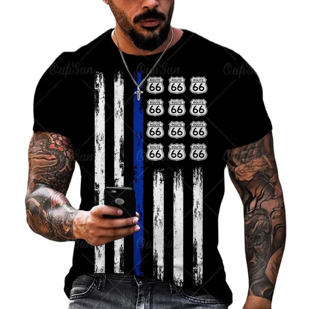 Herren T-Shirt Route 66 3D Kurzarm Shirt Rundhals Unisex Sommer Streetwear Top