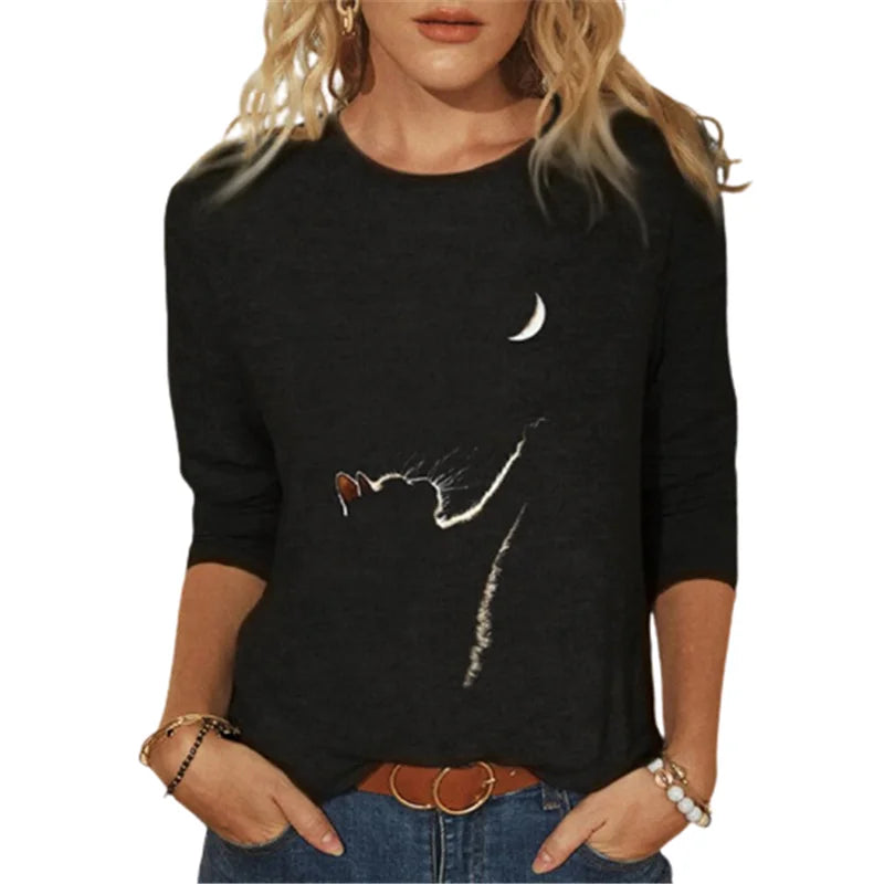 Damen Sommer Top 3D Katzen Langarm T-Shirt Rundhals Streetwear lockeres Damentop