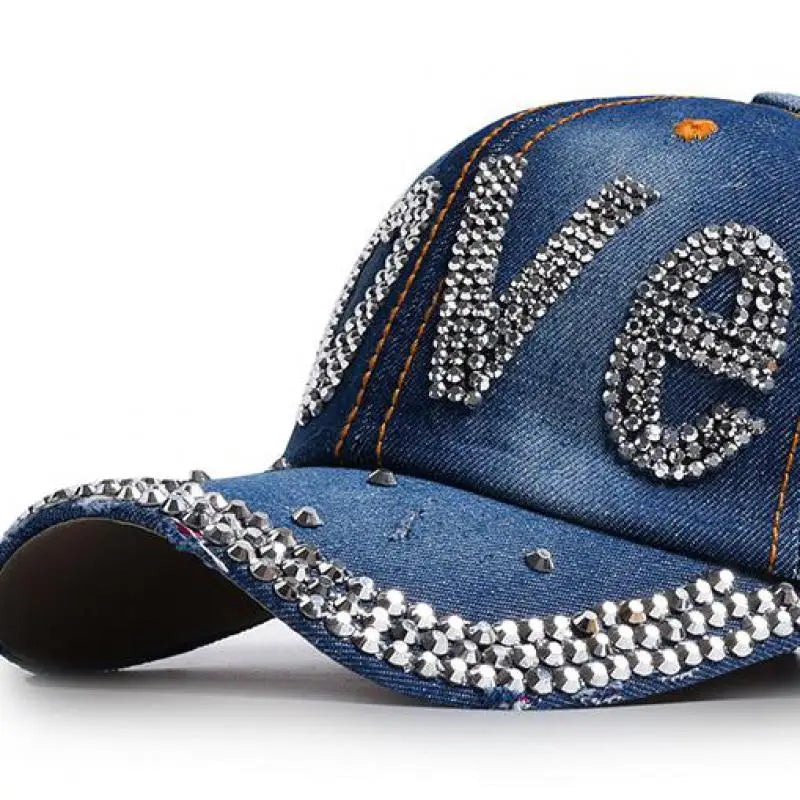 Jeans Cappy Denim Look Basecap Cap Kappe LOVE Strass gebogen Damen Baseball Cap
