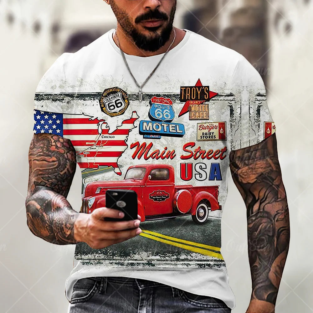 Herren T-Shirt Route 66 3D Kurzarm Shirt Rundhals Unisex Sommer Streetwear Top
