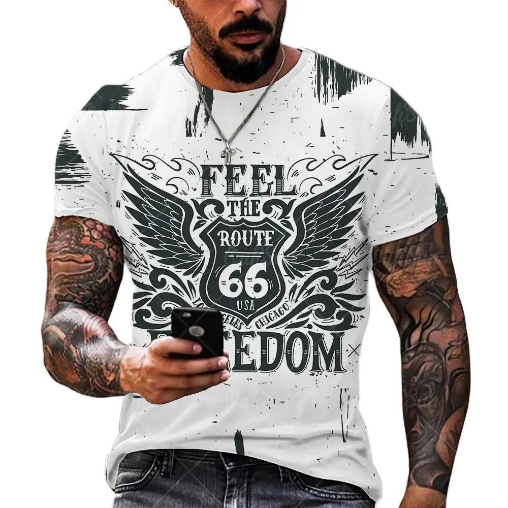 Herren T-Shirt Route 66 3D Kurzarm Shirt Rundhals Unisex Sommer Streetwear Top