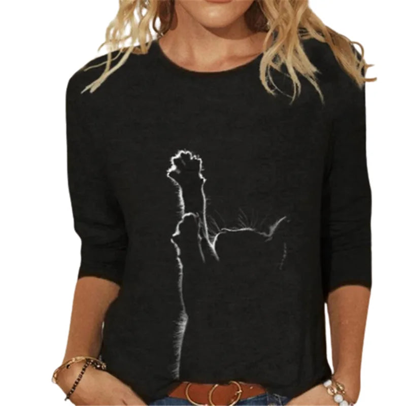 Damen Sommer Top 3D Katzen Langarm T-Shirt Rundhals Streetwear lockeres Damentop