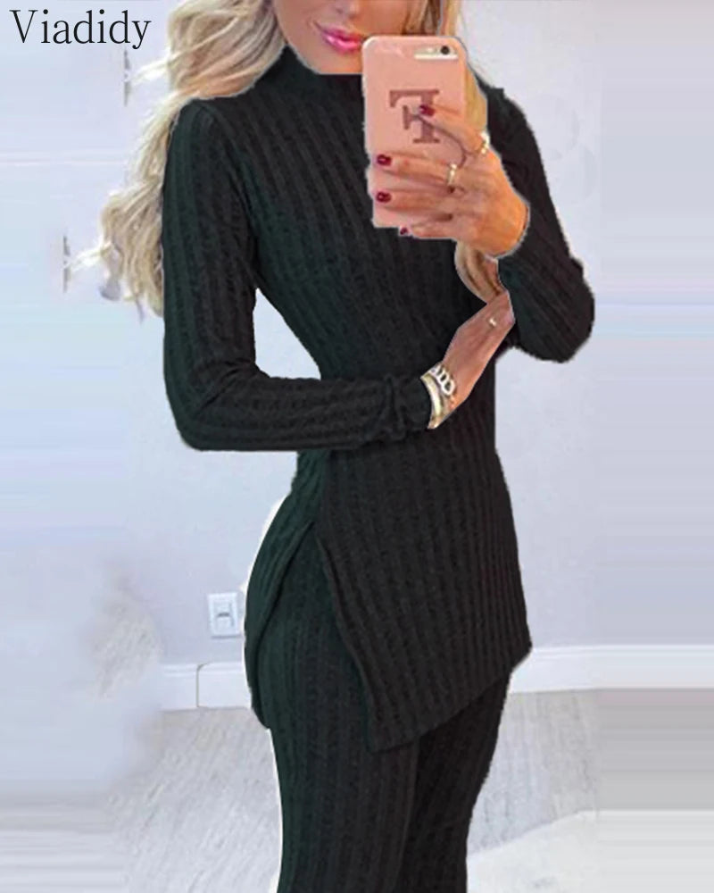 2-teiliges Damen Outfit Winter Warm geripptes Strick Oberteil Pulli Hose Leggins