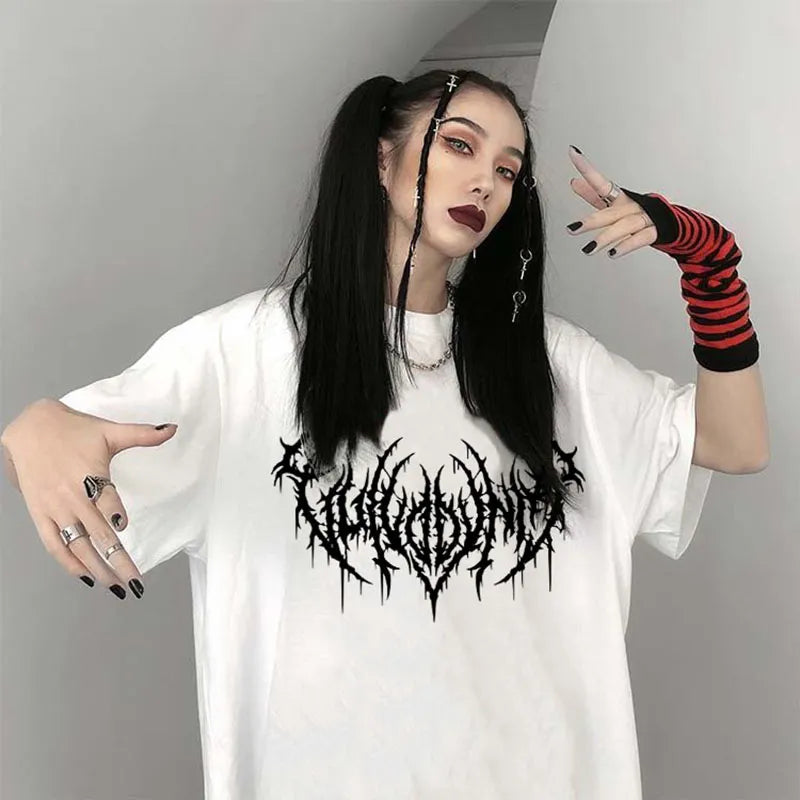 Damen Sommer Top Gothic Punk T-Shirt Rundhals Streetwear lockeres Damentop