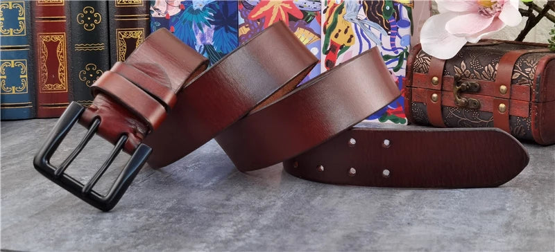 Jeans-Gürtel Herren Eckig Schnalle Echt Leder Gürtel Braun Breite Schnalle